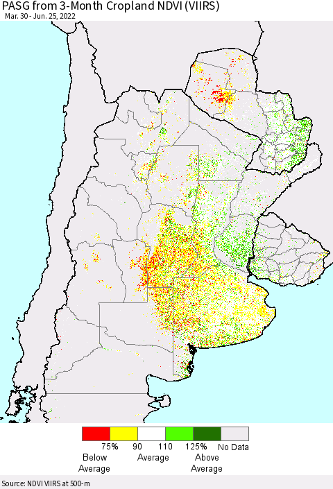 Southern South America PASG from 3-Month Cropland NDVI (VIIRS) Thematic Map For 6/18/2022 - 6/25/2022