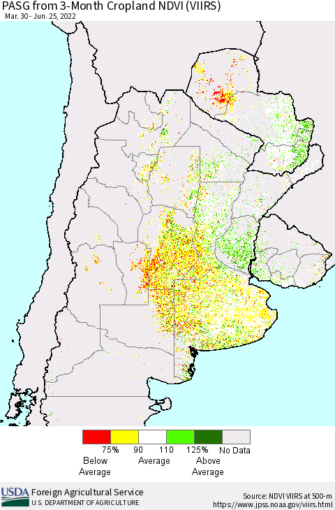 Southern South America PASG from 3-Month Cropland NDVI (VIIRS) Thematic Map For 6/21/2022 - 6/30/2022