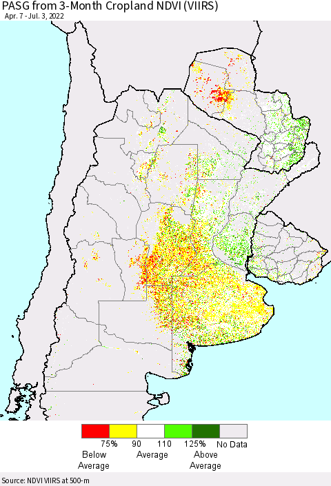 Southern South America PASG from 3-Month Cropland NDVI (VIIRS) Thematic Map For 6/26/2022 - 7/3/2022