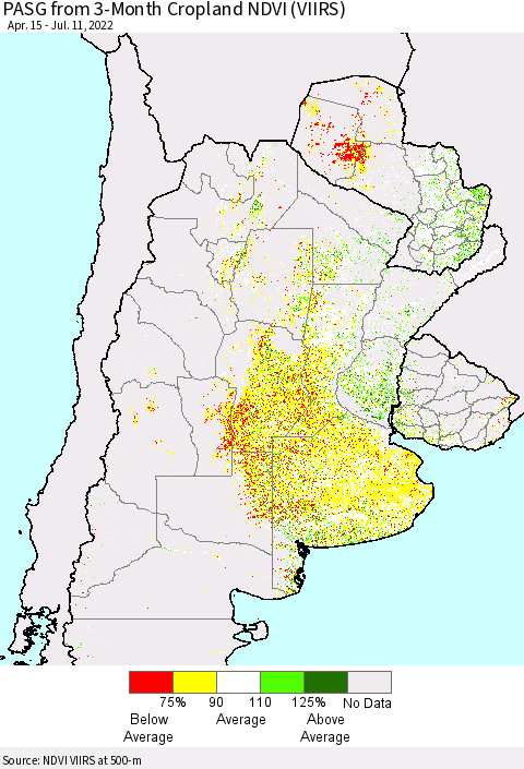 Southern South America PASG from 3-Month Cropland NDVI (VIIRS) Thematic Map For 7/4/2022 - 7/11/2022