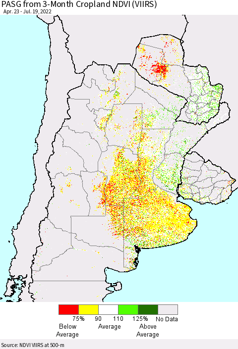 Southern South America PASG from 3-Month Cropland NDVI (VIIRS) Thematic Map For 7/12/2022 - 7/19/2022
