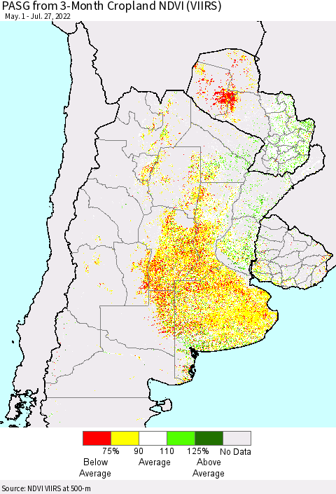 Southern South America PASG from 3-Month Cropland NDVI (VIIRS) Thematic Map For 7/20/2022 - 7/27/2022