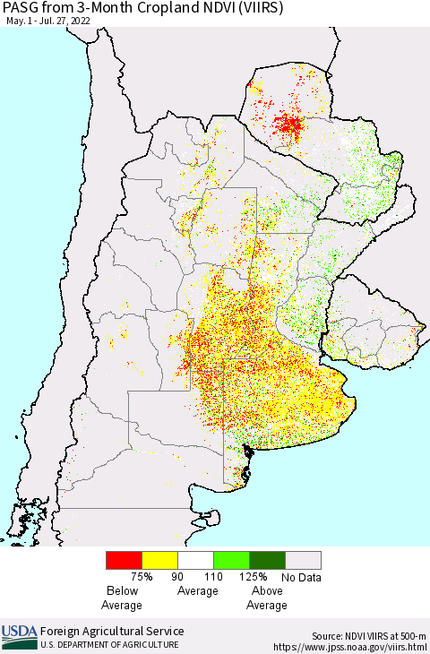 Southern South America PASG from 3-Month Cropland NDVI (VIIRS) Thematic Map For 7/21/2022 - 7/31/2022