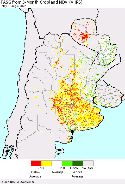 Southern South America PASG from 3-Month Cropland NDVI (VIIRS) Thematic Map For 7/28/2022 - 8/4/2022