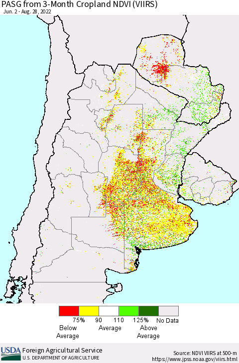 Southern South America PASG from 3-Month Cropland NDVI (VIIRS) Thematic Map For 8/21/2022 - 8/31/2022