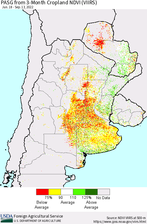 Southern South America PASG from 3-Month Cropland NDVI (VIIRS) Thematic Map For 9/11/2022 - 9/20/2022
