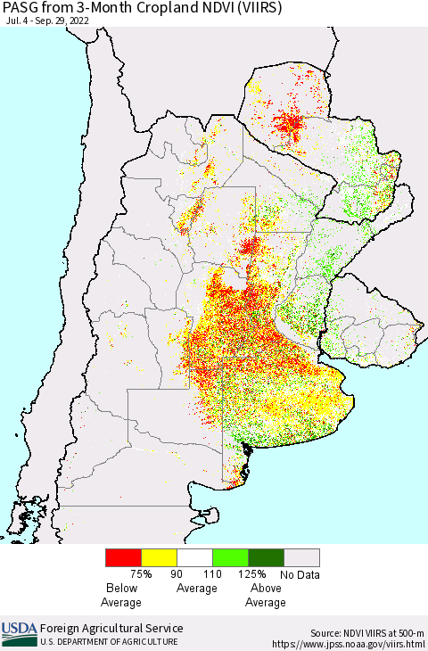 Southern South America PASG from 3-Month Cropland NDVI (VIIRS) Thematic Map For 9/21/2022 - 9/30/2022