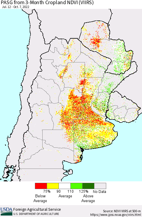 Southern South America PASG from 3-Month Cropland NDVI (VIIRS) Thematic Map For 10/1/2022 - 10/10/2022