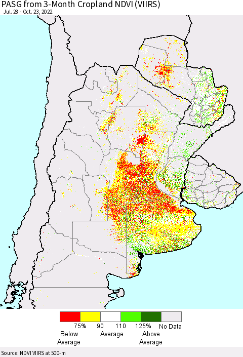 Southern South America PASG from 3-Month Cropland NDVI (VIIRS) Thematic Map For 10/16/2022 - 10/23/2022