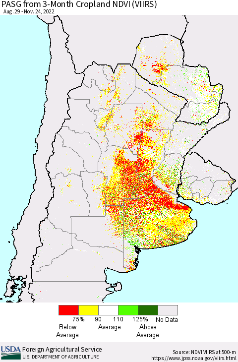 Southern South America PASG from 3-Month Cropland NDVI (VIIRS) Thematic Map For 11/21/2022 - 11/30/2022