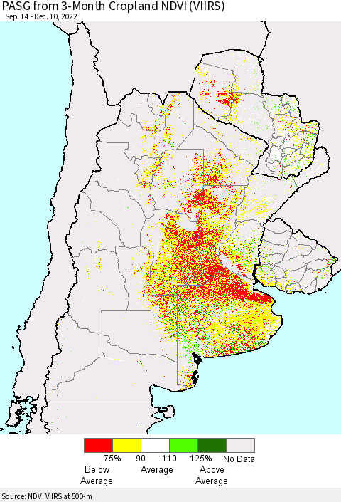 Southern South America PASG from 3-Month Cropland NDVI (VIIRS) Thematic Map For 12/1/2022 - 12/10/2022