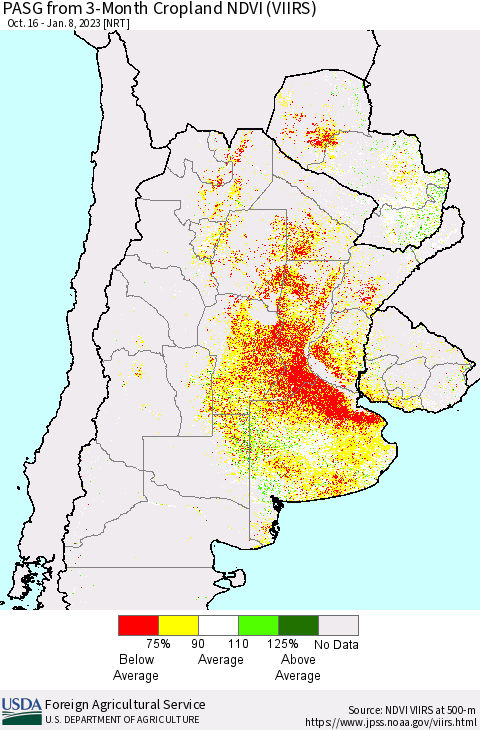 Southern South America PASG from 3-Month Cropland NDVI (VIIRS) Thematic Map For 1/1/2023 - 1/10/2023