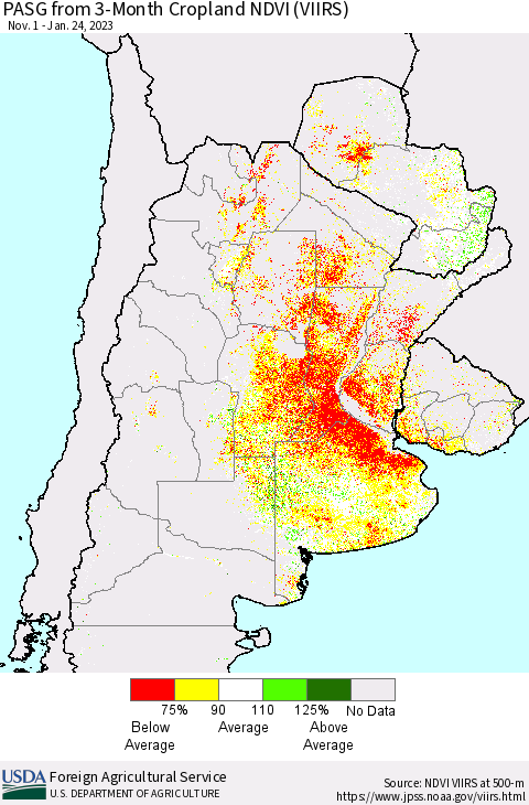 Southern South America PASG from 3-Month Cropland NDVI (VIIRS) Thematic Map For 1/21/2023 - 1/31/2023