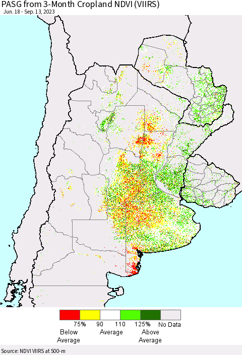 Southern South America PASG from 3-Month Cropland NDVI (VIIRS) Thematic Map For 9/6/2023 - 9/13/2023