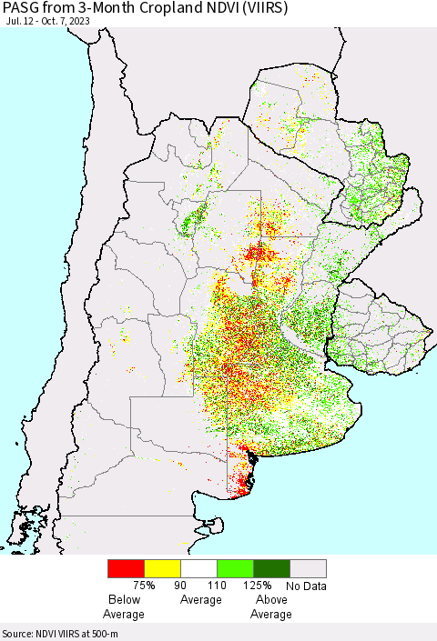 Southern South America PASG from 3-Month Cropland NDVI (VIIRS) Thematic Map For 9/30/2023 - 10/7/2023