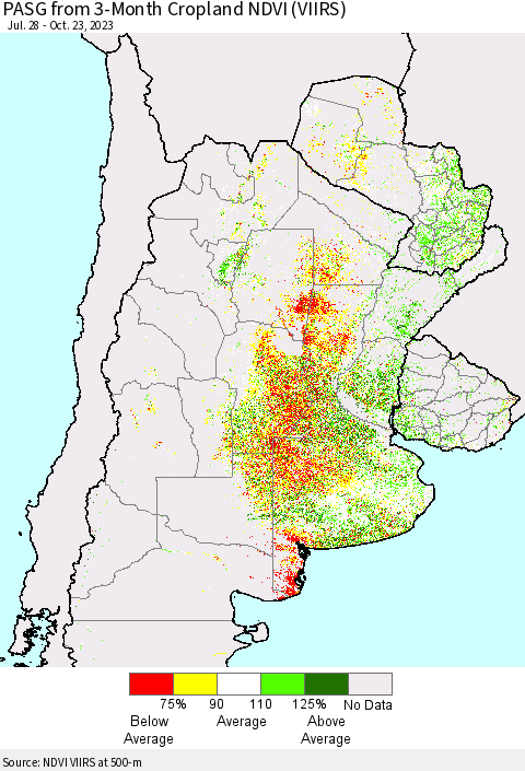 Southern South America PASG from 3-Month Cropland NDVI (VIIRS) Thematic Map For 10/16/2023 - 10/23/2023