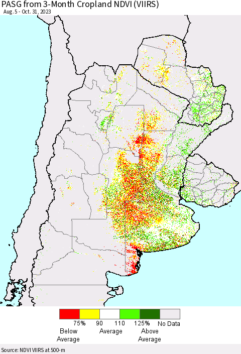 Southern South America PASG from 3-Month Cropland NDVI (VIIRS) Thematic Map For 10/24/2023 - 10/31/2023