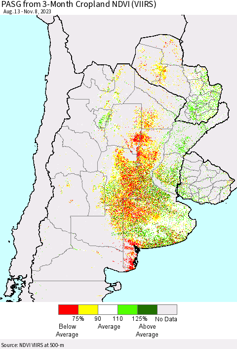 Southern South America PASG from 3-Month Cropland NDVI (VIIRS) Thematic Map For 11/1/2023 - 11/8/2023
