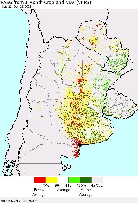 Southern South America PASG from 3-Month Cropland NDVI (VIIRS) Thematic Map For 12/11/2023 - 12/18/2023