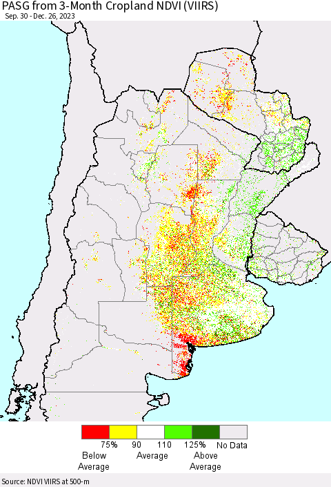 Southern South America PASG from 3-Month Cropland NDVI (VIIRS) Thematic Map For 12/19/2023 - 12/26/2023