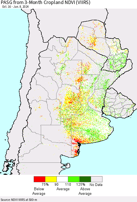 Southern South America PASG from 3-Month Cropland NDVI (VIIRS) Thematic Map For 1/1/2024 - 1/8/2024