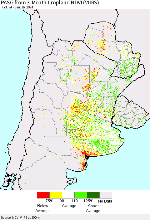 Southern South America PASG from 3-Month Cropland NDVI (VIIRS) Thematic Map For 1/9/2024 - 1/16/2024