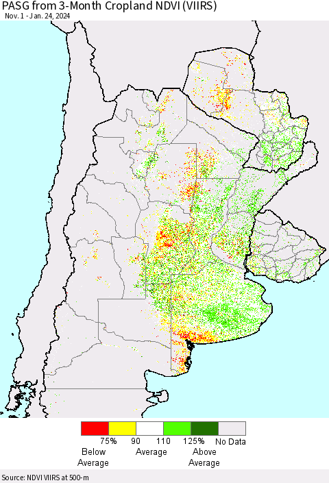 Southern South America PASG from 3-Month Cropland NDVI (VIIRS) Thematic Map For 1/17/2024 - 1/24/2024