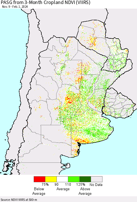 Southern South America PASG from 3-Month Cropland NDVI (VIIRS) Thematic Map For 1/25/2024 - 2/1/2024