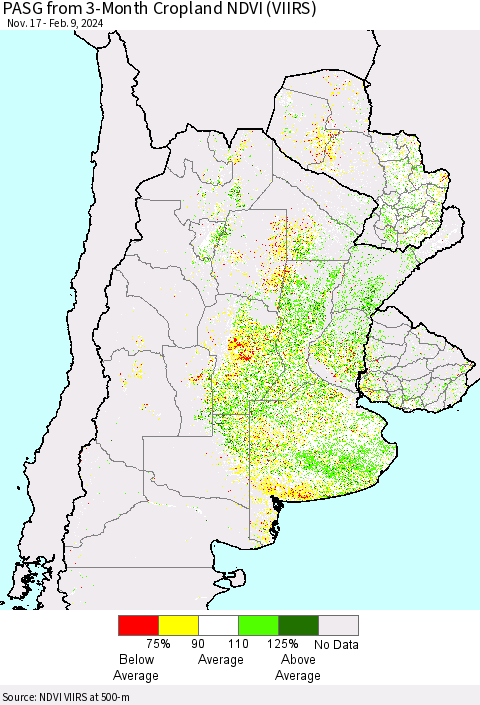 Southern South America PASG from 3-Month Cropland NDVI (VIIRS) Thematic Map For 2/2/2024 - 2/9/2024