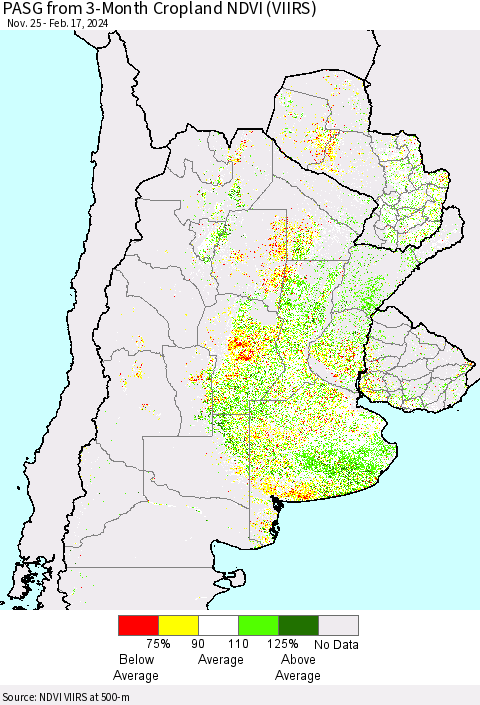 Southern South America PASG from 3-Month Cropland NDVI (VIIRS) Thematic Map For 2/10/2024 - 2/17/2024