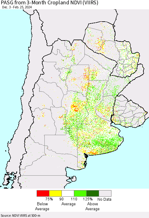 Southern South America PASG from 3-Month Cropland NDVI (VIIRS) Thematic Map For 2/18/2024 - 2/25/2024