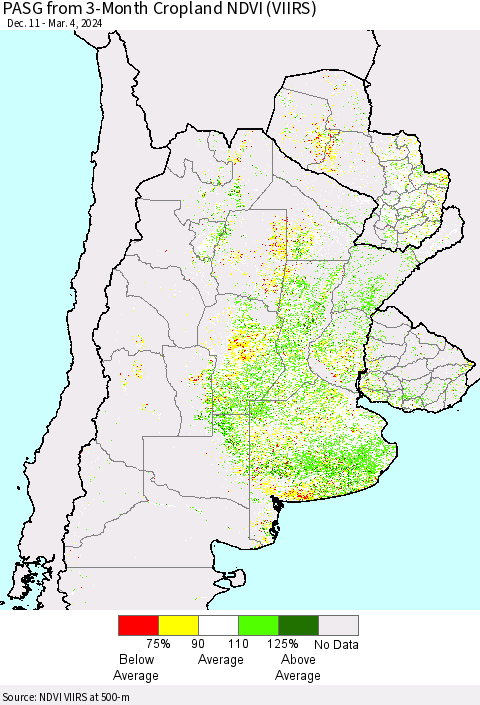 Southern South America PASG from 3-Month Cropland NDVI (VIIRS) Thematic Map For 2/26/2024 - 3/4/2024
