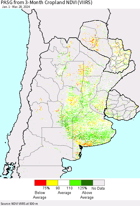 Southern South America PASG from 3-Month Cropland NDVI (VIIRS) Thematic Map For 3/21/2024 - 3/28/2024