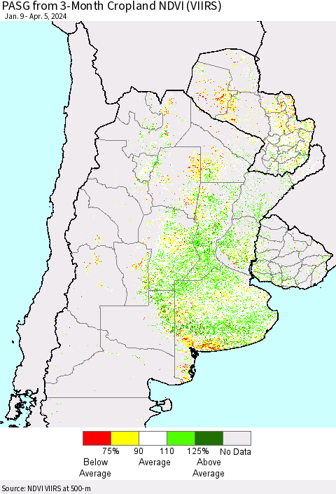 Southern South America PASG from 3-Month Cropland NDVI (VIIRS) Thematic Map For 3/29/2024 - 4/5/2024