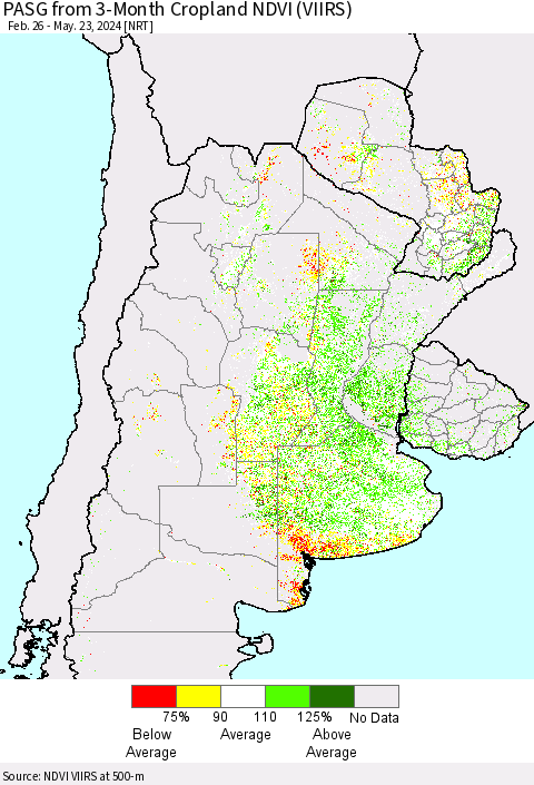 Southern South America PASG from 3-Month Cropland NDVI (VIIRS) Thematic Map For 5/16/2024 - 5/23/2024