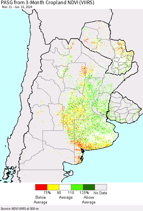 Southern South America PASG from 3-Month Cropland NDVI (VIIRS) Thematic Map For 6/9/2024 - 6/16/2024