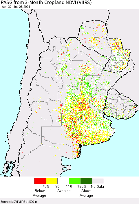 Southern South America PASG from 3-Month Cropland NDVI (VIIRS) Thematic Map For 7/19/2024 - 7/26/2024