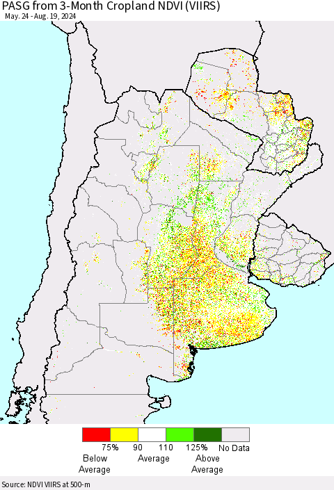 Southern South America PASG from 3-Month Cropland NDVI (VIIRS) Thematic Map For 8/12/2024 - 8/19/2024