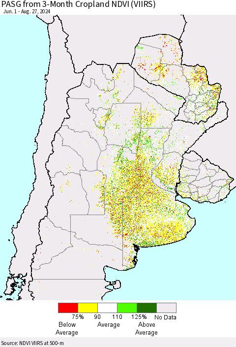 Southern South America PASG from 3-Month Cropland NDVI (VIIRS) Thematic Map For 8/20/2024 - 8/27/2024