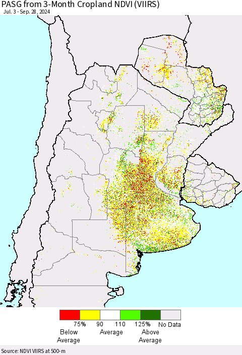 Southern South America PASG from 3-Month Cropland NDVI (VIIRS) Thematic Map For 9/21/2024 - 9/28/2024