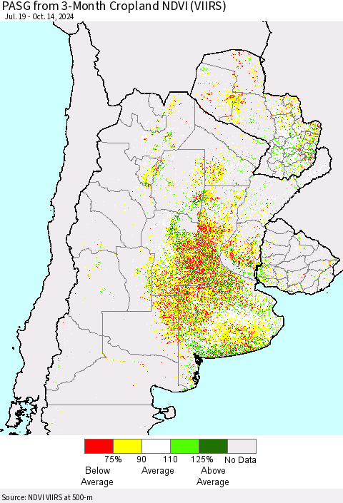 Southern South America PASG from 3-Month Cropland NDVI (VIIRS) Thematic Map For 10/7/2024 - 10/14/2024