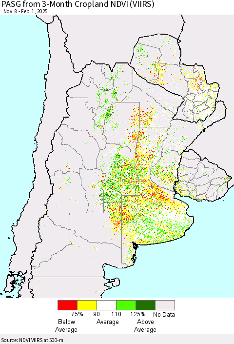 Southern South America PASG from 3-Month Cropland NDVI (VIIRS) Thematic Map For 1/25/2025 - 2/1/2025