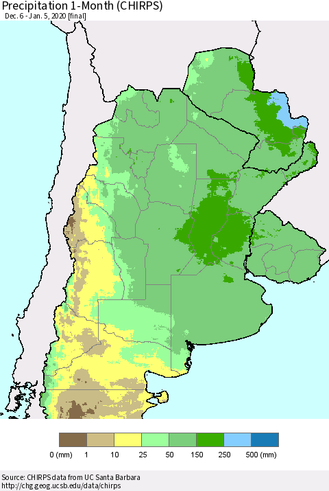 Southern South America Precipitation 1-Month (CHIRPS) Thematic Map For 12/6/2019 - 1/5/2020