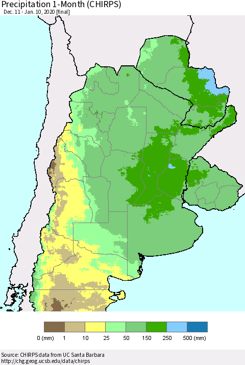 Southern South America Precipitation 1-Month (CHIRPS) Thematic Map For 12/11/2019 - 1/10/2020