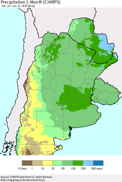 Southern South America Precipitation 1-Month (CHIRPS) Thematic Map For 12/16/2019 - 1/15/2020