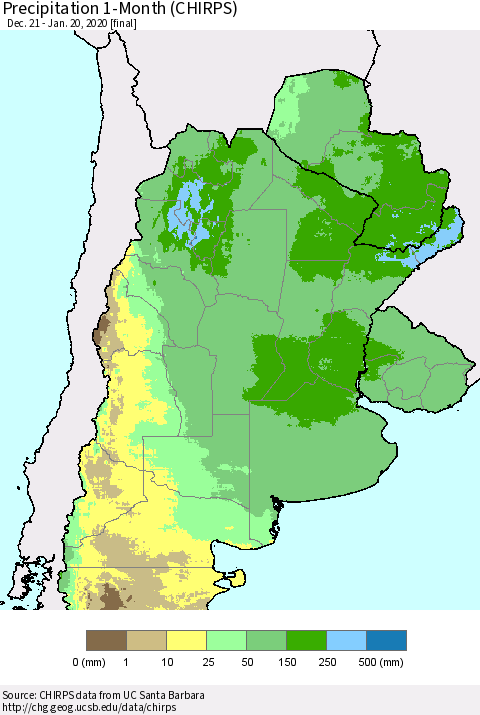 Southern South America Precipitation 1-Month (CHIRPS) Thematic Map For 12/21/2019 - 1/20/2020