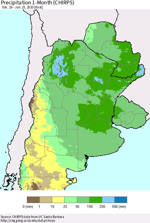 Southern South America Precipitation 1-Month (CHIRPS) Thematic Map For 12/26/2019 - 1/25/2020