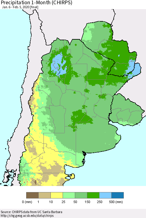 Southern South America Precipitation 1-Month (CHIRPS) Thematic Map For 1/6/2020 - 2/5/2020
