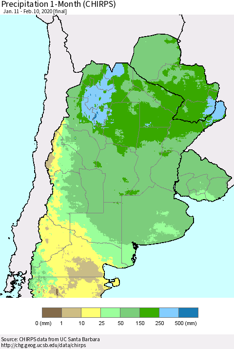Southern South America Precipitation 1-Month (CHIRPS) Thematic Map For 1/11/2020 - 2/10/2020