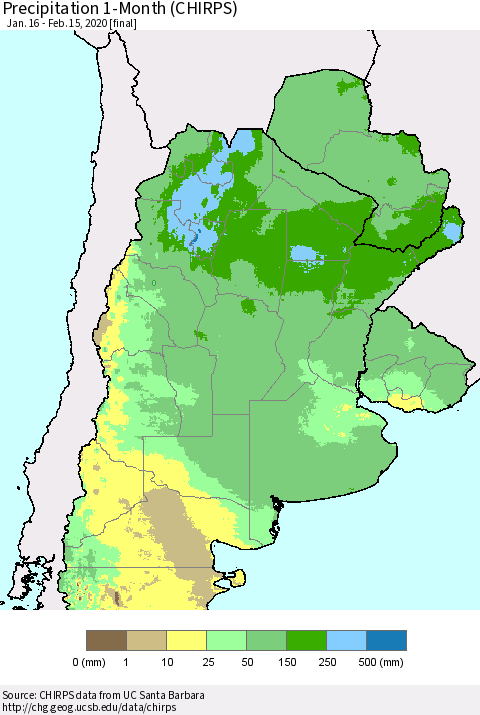 Southern South America Precipitation 1-Month (CHIRPS) Thematic Map For 1/16/2020 - 2/15/2020